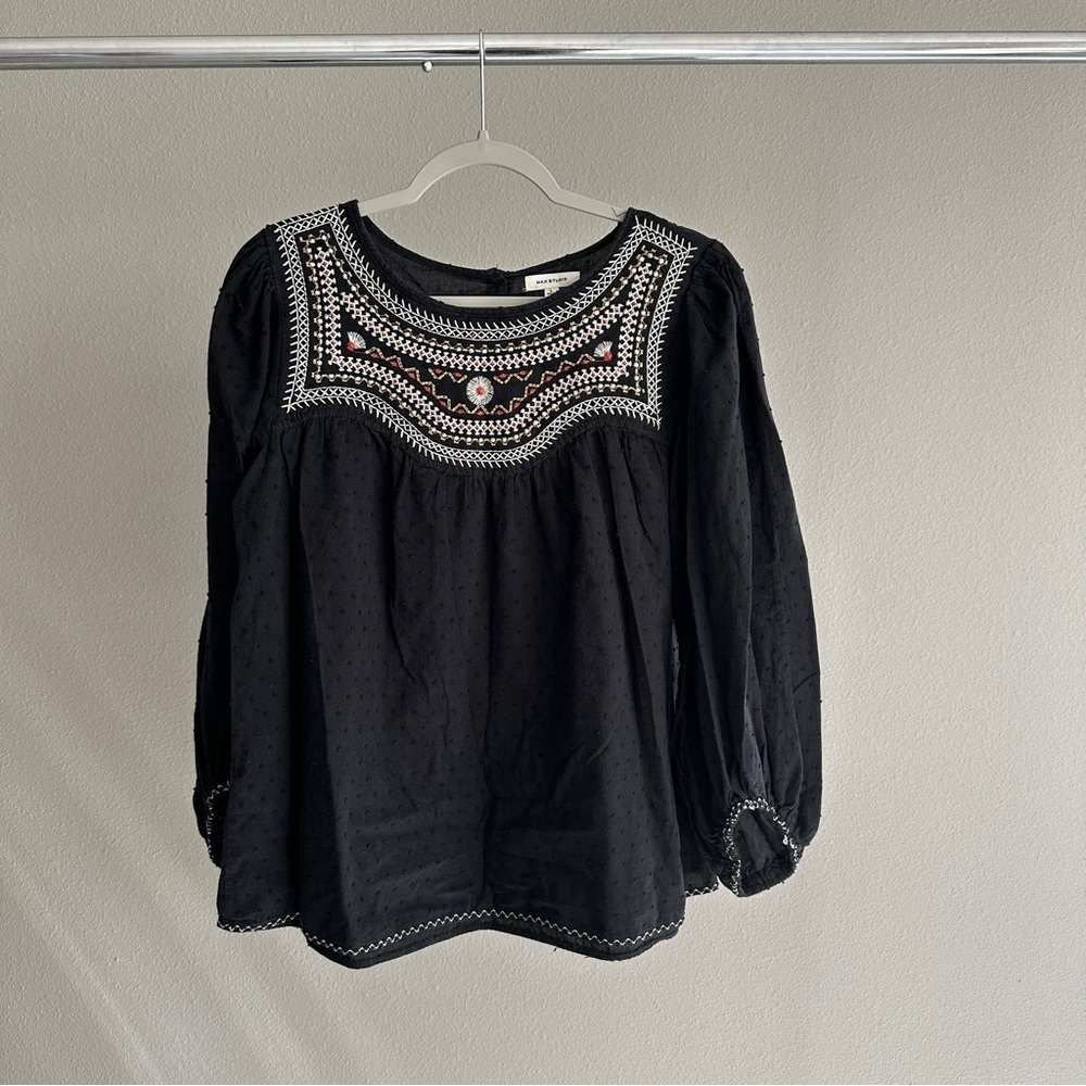 Max Studio Black Embroidered Smocked Top Large